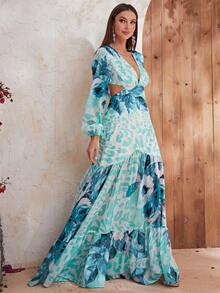 YISIKADO Allover Print Plunge Neck Lantern Sleeve Ruffle Hem Dress - Multicolor - View 4