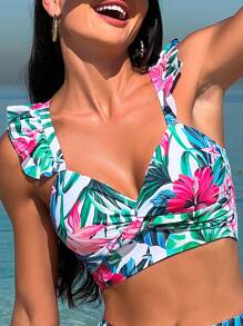 Top bikini con estampado tropical ribete con fruncido - Multicolor - Ver 7