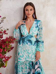 YISIKADO Allover Print Plunge Neck Lantern Sleeve Ruffle Hem Dress - Multicolor - View 5