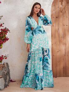 YISIKADO Allover Print Plunge Neck Lantern Sleeve Ruffle Hem Dress - Multicolor - View 6