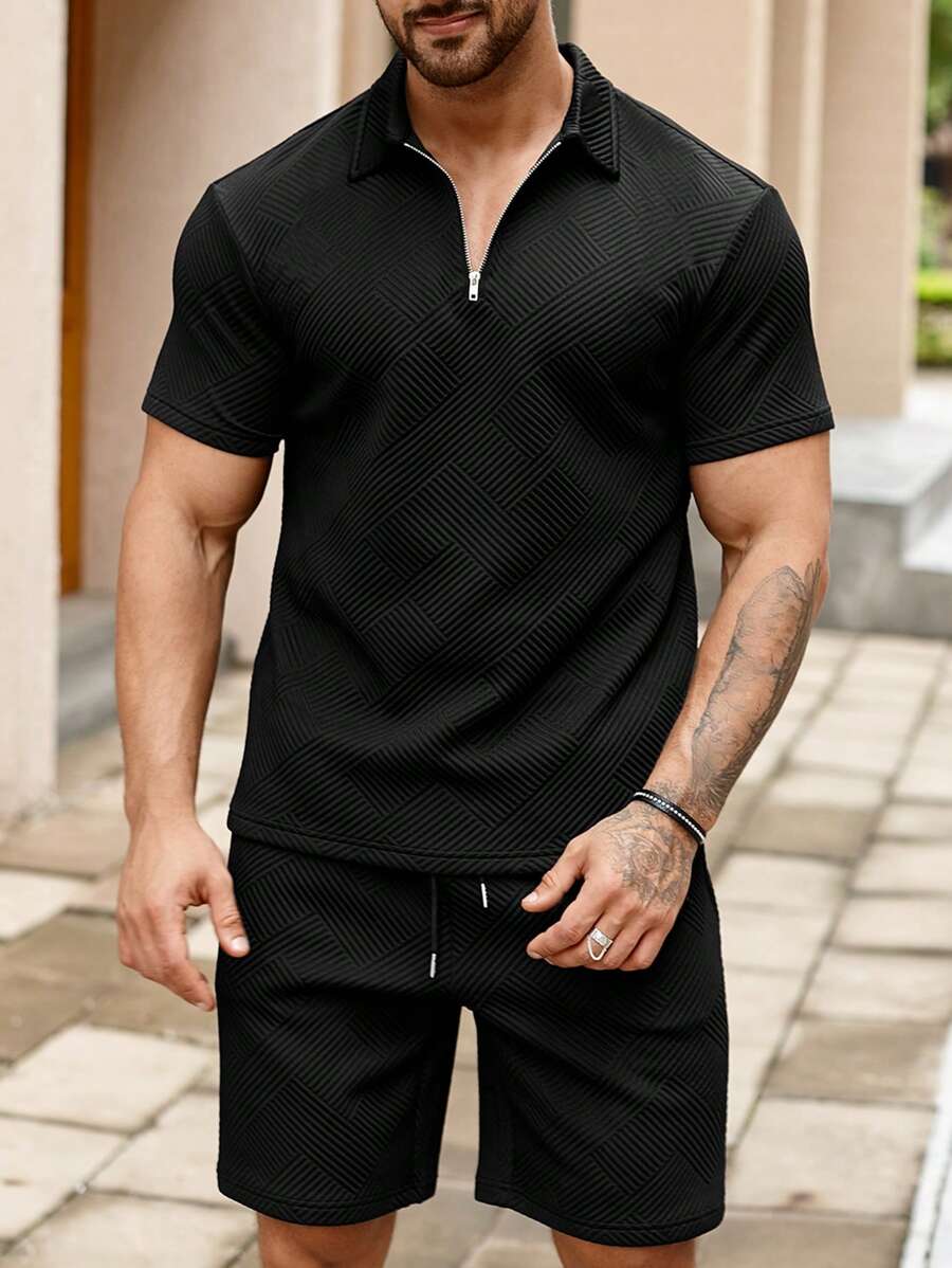 Manfinity Homme Men Quarter Zip Tee & Drawstring Waist Shorts - Black - View 1