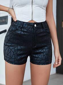 幾何印花PU皮革短褲 - 黑色 - 查看 5