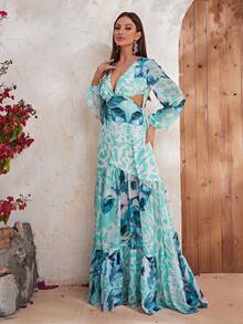 YISIKADO Allover Print Plunge Neck Lantern Sleeve Ruffle Hem Dress - Multicolor - View 7