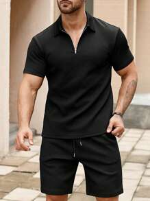 Manfinity Homme Men Quarter Zip Tee & Drawstring Waist Shorts - Black - View 3