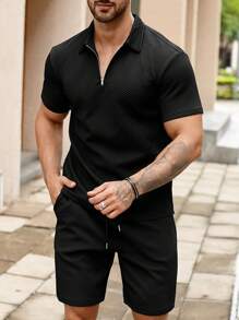 Manfinity Homme Men Quarter Zip Tee & Drawstring Waist Shorts - Black - View 4