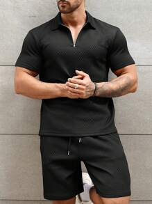 Manfinity Homme Men Quarter Zip Tee & Drawstring Waist Shorts - Black - View 6