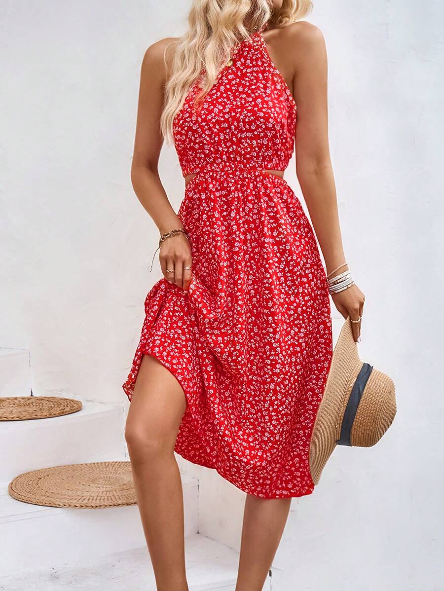 SHEIN VCAY 碎花繞頸連衣裙 - 紅色 - 查看 1