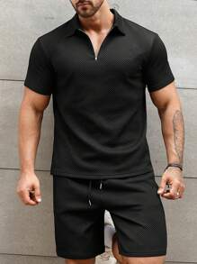 Manfinity Homme Men Quarter Zip Tee & Drawstring Waist Shorts - Black - View 8