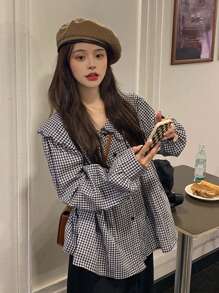 Scallop Trim Statement Collar Gingham Blouse