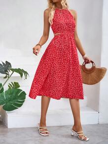 SHEIN VCAY 碎花繞頸連衣裙 - 紅色 - 查看 4