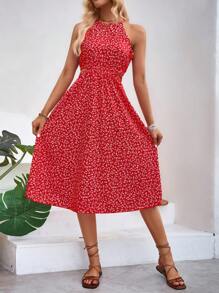 SHEIN VCAY 碎花繞頸連衣裙 - 紅色 - 查看 6