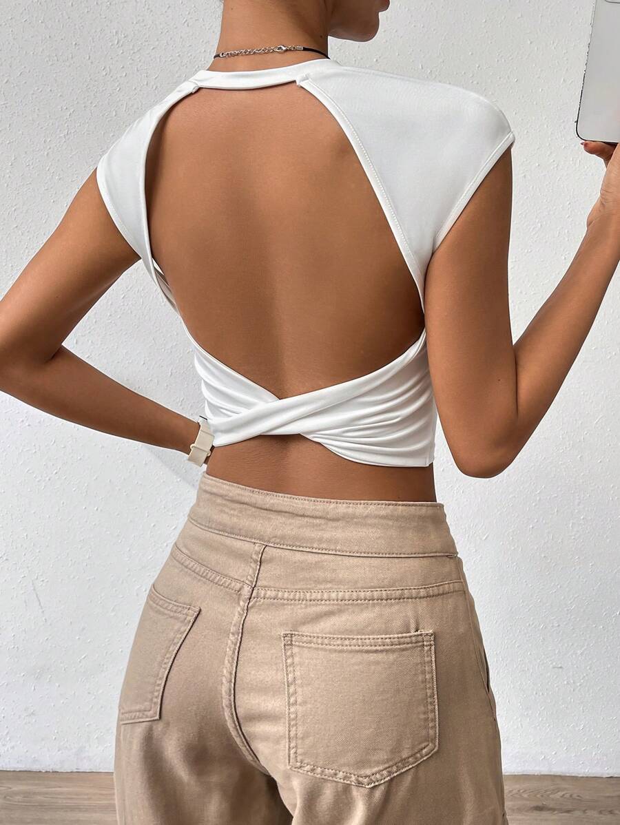 Firerie Solid Twist Backless White Top Crop Tee - White - View 1