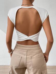 Firerie Solid Twist Backless White Top Crop Tee - White - View 5