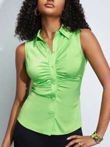 BizChic Camisa fruncido con botón delantero - Verde Lima - Ver 1