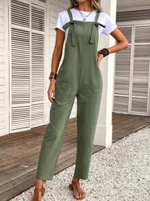 SHEIN LUNE 夏季女士可調節肩帶口袋工裝連身褲 - 軍綠色 - 查看 3