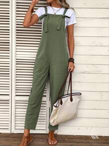 SHEIN LUNE 夏季女士可調節肩帶口袋工裝連身褲 - 軍綠色 - 查看 5