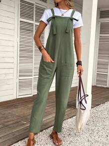 SHEIN LUNE 夏季女士可調節肩帶口袋工裝連身褲 - 軍綠色 - 查看 6