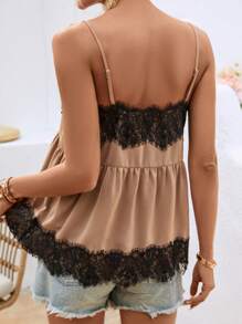 SHEIN LUNE Áo khoác và áo lót dành cho xe tăng nữ Tương phản ren Viên lá sen Khối Màu Giải trí - Màu nâu  Mocha - Xem 2