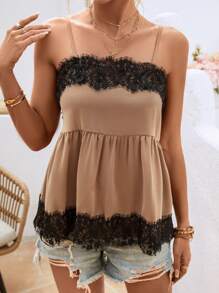SHEIN LUNE Áo khoác và áo lót dành cho xe tăng nữ Tương phản ren Viên lá sen Khối Màu Giải trí - Màu nâu  Mocha - Xem 3