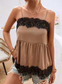 SHEIN LUNE Áo khoác và áo lót dành cho xe tăng nữ Tương phản ren Viên lá sen Khối Màu Giải trí - Màu nâu  Mocha - Xem 4