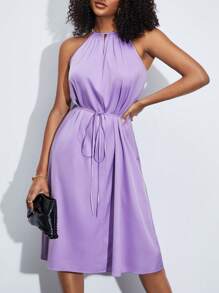 BizChic Solid Belted Halter Dress - Lilac Purple - View 1