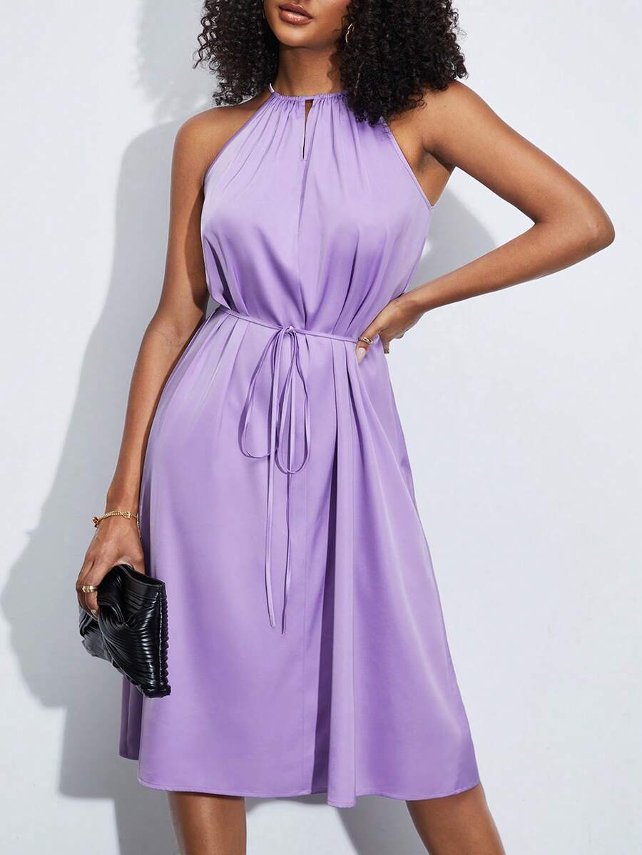 BizChic Solid Belted Halter Dress - Lilac Purple - View 1