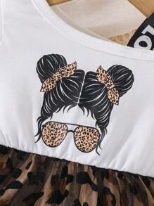 SHEIN Baby Girl Leopard & Figure Graphic Asymmetrical Neck Mesh Overlay Hem Dress - Multicolor - View 5
