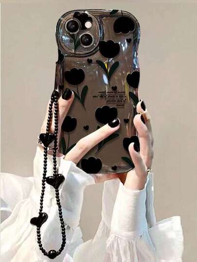 夏季 Apple iPhone 16 ProMax、11、12、13、14、11 Pro Max、12 Pro Max、13 Pro Max、14 Pro Max、XR、15、15 Pro、15 Pro Max、iPhone 16 泡泡壳 - 颈带黑色花卉心形图案