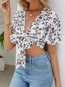 SHEIN PETITE Ditsy Floral Print Knot Front Crop Top - White - View 3