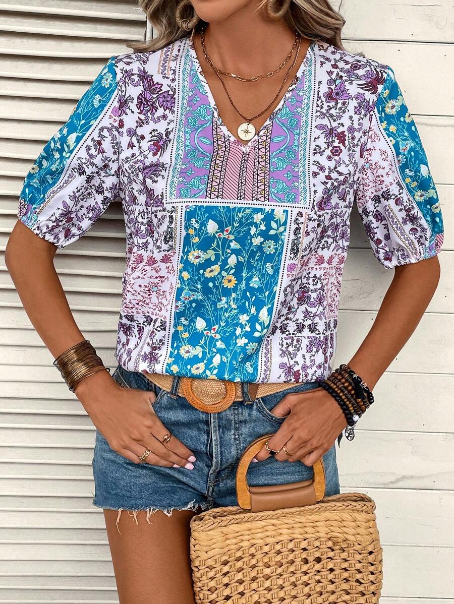 SHEIN LUNE 色塊拼接圖案泡泡袖襯衫 - 藍色 - 查看 1