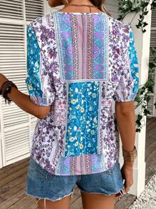 SHEIN LUNE 色塊拼接圖案泡泡袖襯衫 - 藍色 - 查看 2