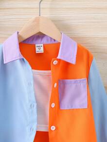 SHEIN 小女童撞色補丁貼口袋襯衫不附吊帶上衣 - 彩色 - 查看 3