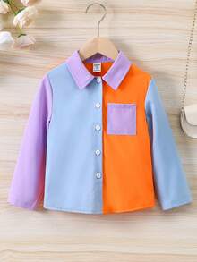 SHEIN 小女童撞色補丁貼口袋襯衫不附吊帶上衣 - 彩色 - 查看 4