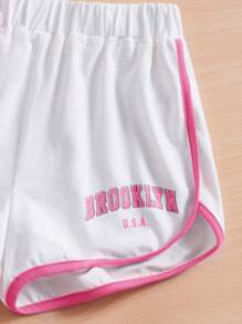 SHEIN 女孩字母圖案T恤和撞色滾邊短褲 - 粉色 - 查看 3