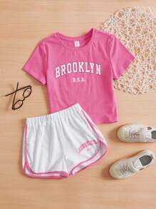 SHEIN 女孩字母圖案T恤和撞色滾邊短褲 - 粉色 - 查看 4