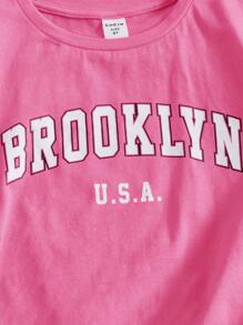 SHEIN 女孩字母圖案T恤和撞色滾邊短褲 - 粉色 - 查看 5