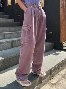 DAZY 蓋式口袋側邊貨物口袋牛仔褲 - 淺灰紫 - 查看 3