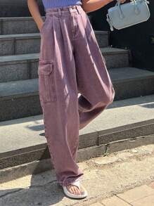 DAZY 蓋式口袋側邊貨物口袋牛仔褲 - 淺灰紫 - 查看 4