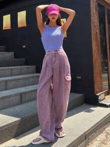 DAZY 蓋式口袋側邊貨物口袋牛仔褲 - 淺灰紫 - 查看 7