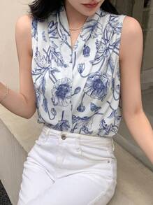 DAZY 花卉印花缺口领口无袖衬衫外出上衣 - 水鴨藍 - 查看 1