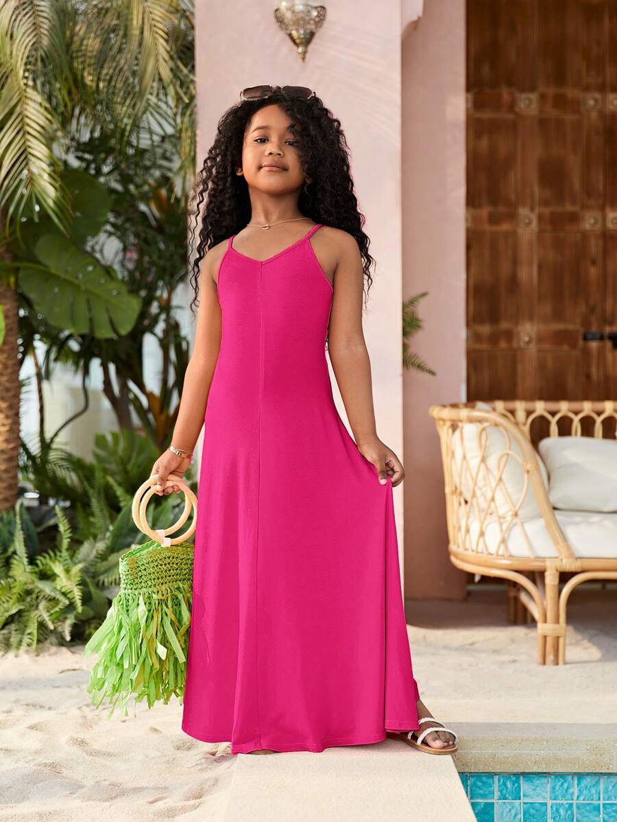 SHEIN Đầm Gái màu trơn Giải trí - Màu Hồng Tươi - Xem 1