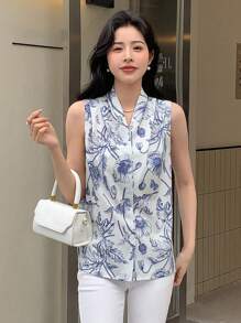 DAZY 花卉印花缺口领口无袖衬衫外出上衣 - 水鴨藍 - 查看 3