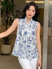 DAZY 花卉印花缺口领口无袖衬衫外出上衣 - 水鴨藍 - 查看 4