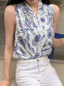 DAZY 花卉印花缺口领口无袖衬衫外出上衣 - 水鴨藍 - 查看 7