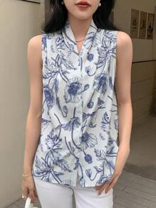 DAZY 花卉印花缺口领口无袖衬衫外出上衣 - 水鴨藍 - 查看 8