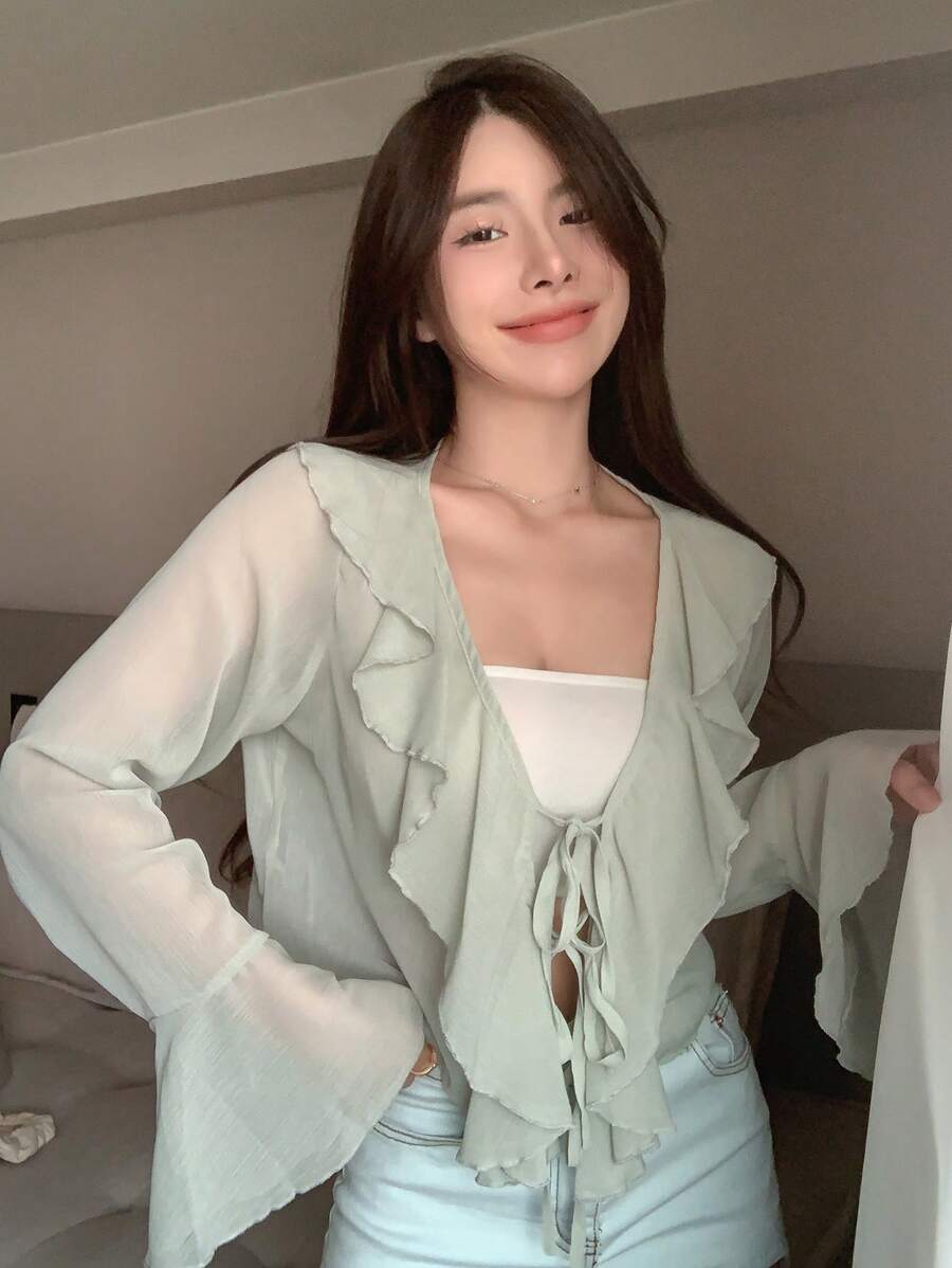 DAZY Chất rắn Viền Ruffle Tie Trước Áo sơ mi - màu xanh lá - Xem 1