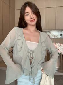 DAZY Chất rắn Viền Ruffle Tie Trước Áo sơ mi - màu xanh lá - Xem 3