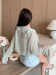 DAZY Chất rắn Viền Ruffle Tie Trước Áo sơ mi - màu xanh lá - Xem 4