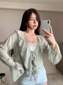 DAZY Chất rắn Viền Ruffle Tie Trước Áo sơ mi - màu xanh lá - Xem 5