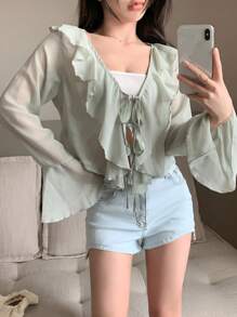 DAZY Chất rắn Viền Ruffle Tie Trước Áo sơ mi - màu xanh lá - Xem 6